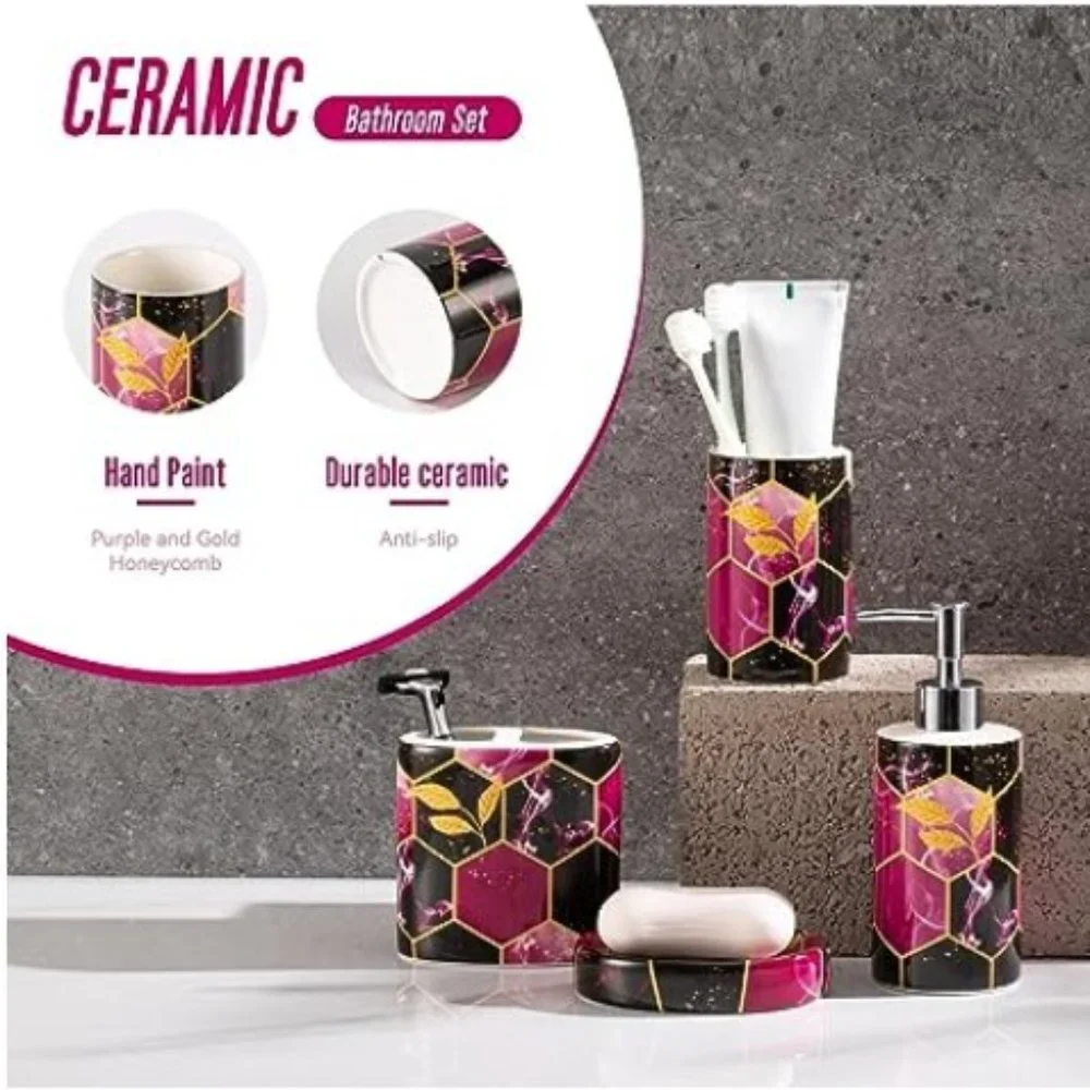 4 pc - Ceramic Bathroom Accessory Set - Purple/ Black/ Gold Honeycomb Design